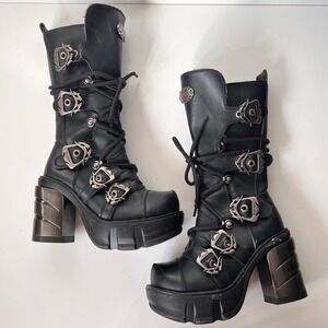 Demonia Sinister 203 Black Vegan Leather Platform Mid-Calf Gothic Boots Women 9